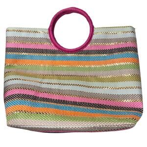Shiraleah Amelia Pink Gold Striped Straw Beach Bag Tote Purse Boho Vacation